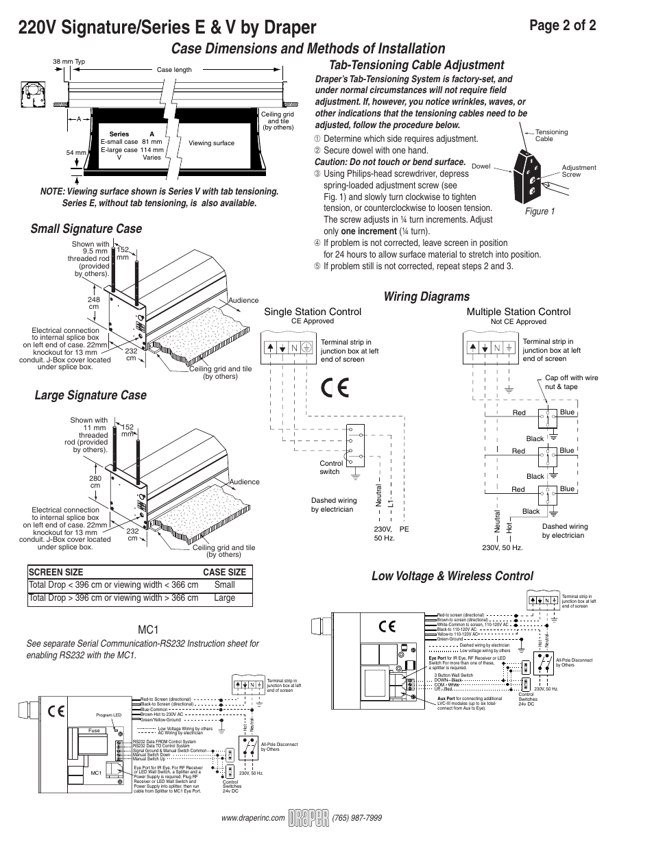 220v signature/series e & v by draper, Wiring diagrams, Tab-tensioning cable adjustment | Low voltage & wireless control, Small signature case large signature case, Single station control, Multiple station control, Figure 1, Stop | Draper 220V User Manual | Page 2 / 2