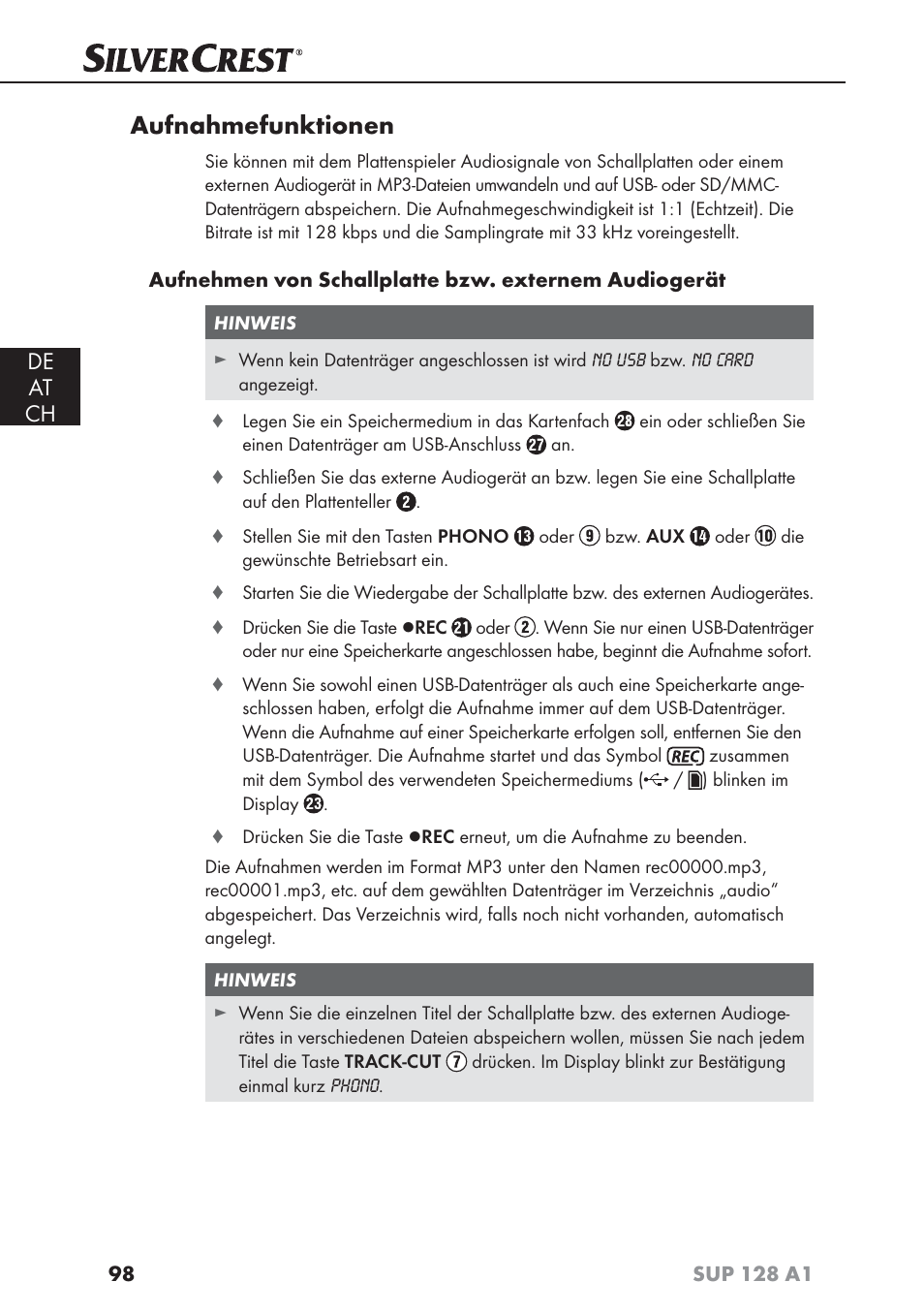 Aufnahmefunktionen, De at ch | Silvercrest SUP 128 A1 User Manual | Page 101 / 107