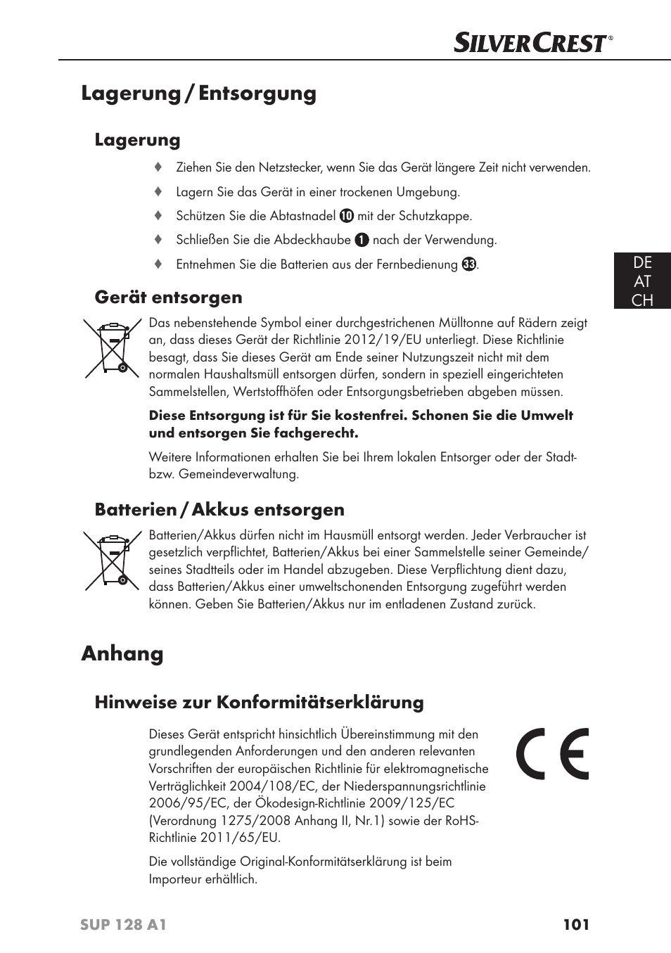 Lagerung / entsorgung, Anhang, Lagerung | Gerät entsorgen, Batterien / akkus entsorgen, Hinweise zur konformitätserklärung | Silvercrest SUP 128 A1 User Manual | Page 104 / 107