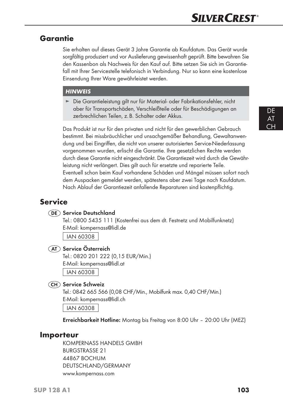 Garantie, Service, Importeur | De at ch | Silvercrest SUP 128 A1 User Manual | Page 106 / 107