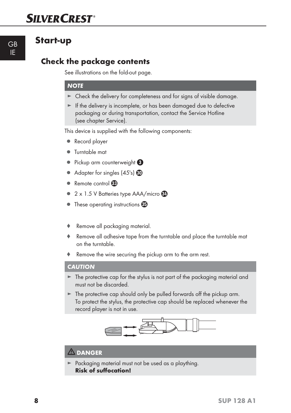 Start-up, Check the package contents, Gb ie | Silvercrest SUP 128 A1 User Manual | Page 11 / 107
