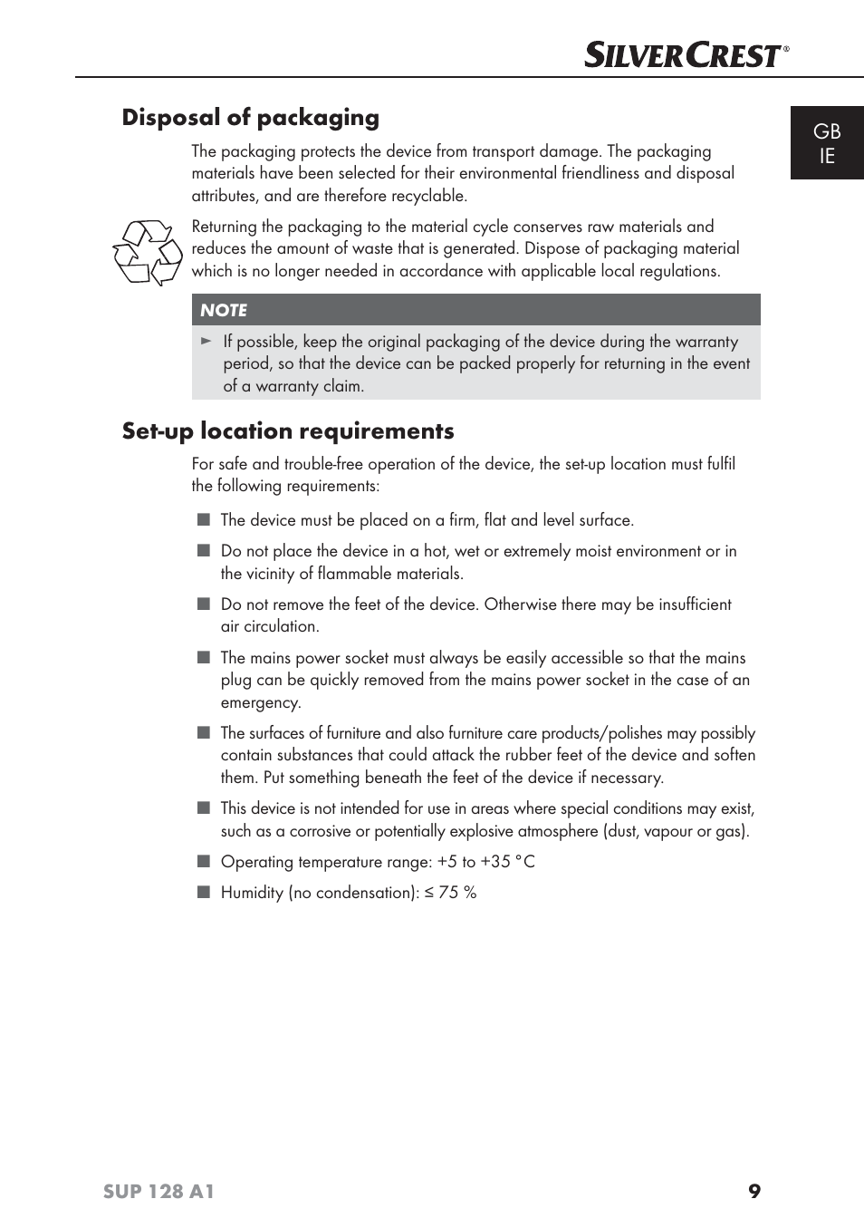 Disposal of packaging, Set-up location requirements, Gb ie | Silvercrest SUP 128 A1 User Manual | Page 12 / 107