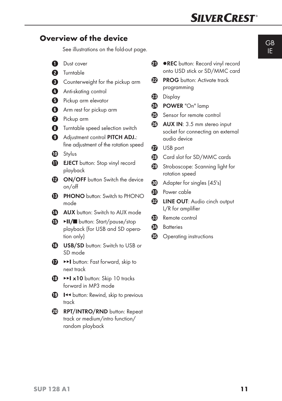 Overview of the device, Gb ie | Silvercrest SUP 128 A1 User Manual | Page 14 / 107