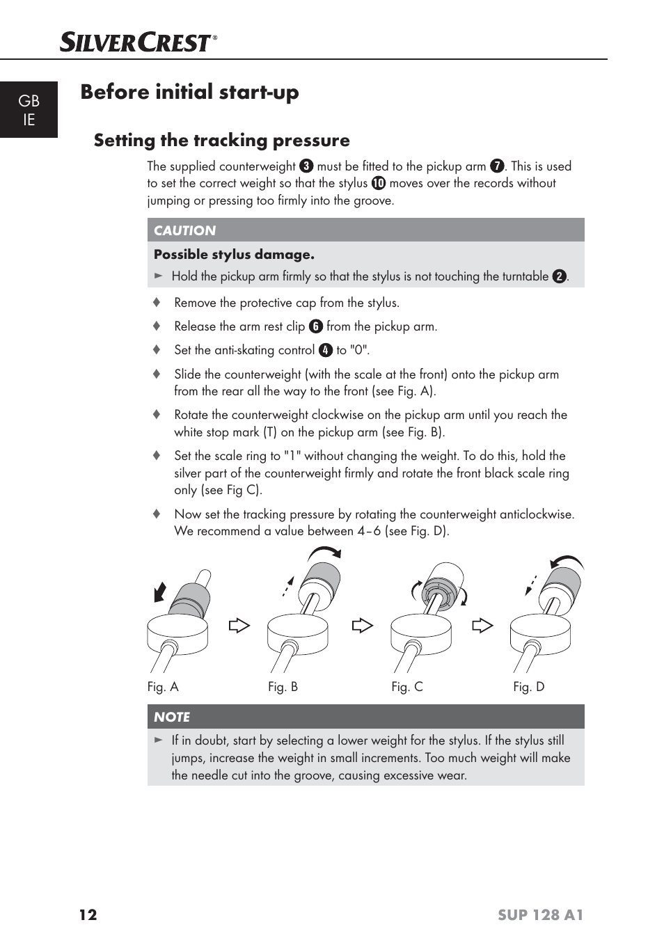 Before initial start-up, Setting the tracking pressure, Gb ie | Silvercrest SUP 128 A1 User Manual | Page 15 / 107