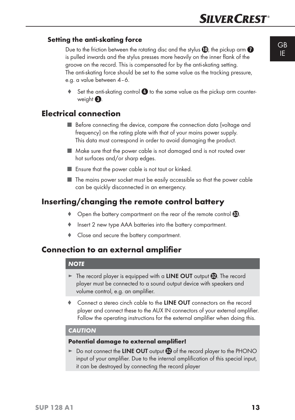 Electrical connection, Inserting/changing the remote control battery, Connection to an external ampliﬁ er | Gb ie | Silvercrest SUP 128 A1 User Manual | Page 16 / 107