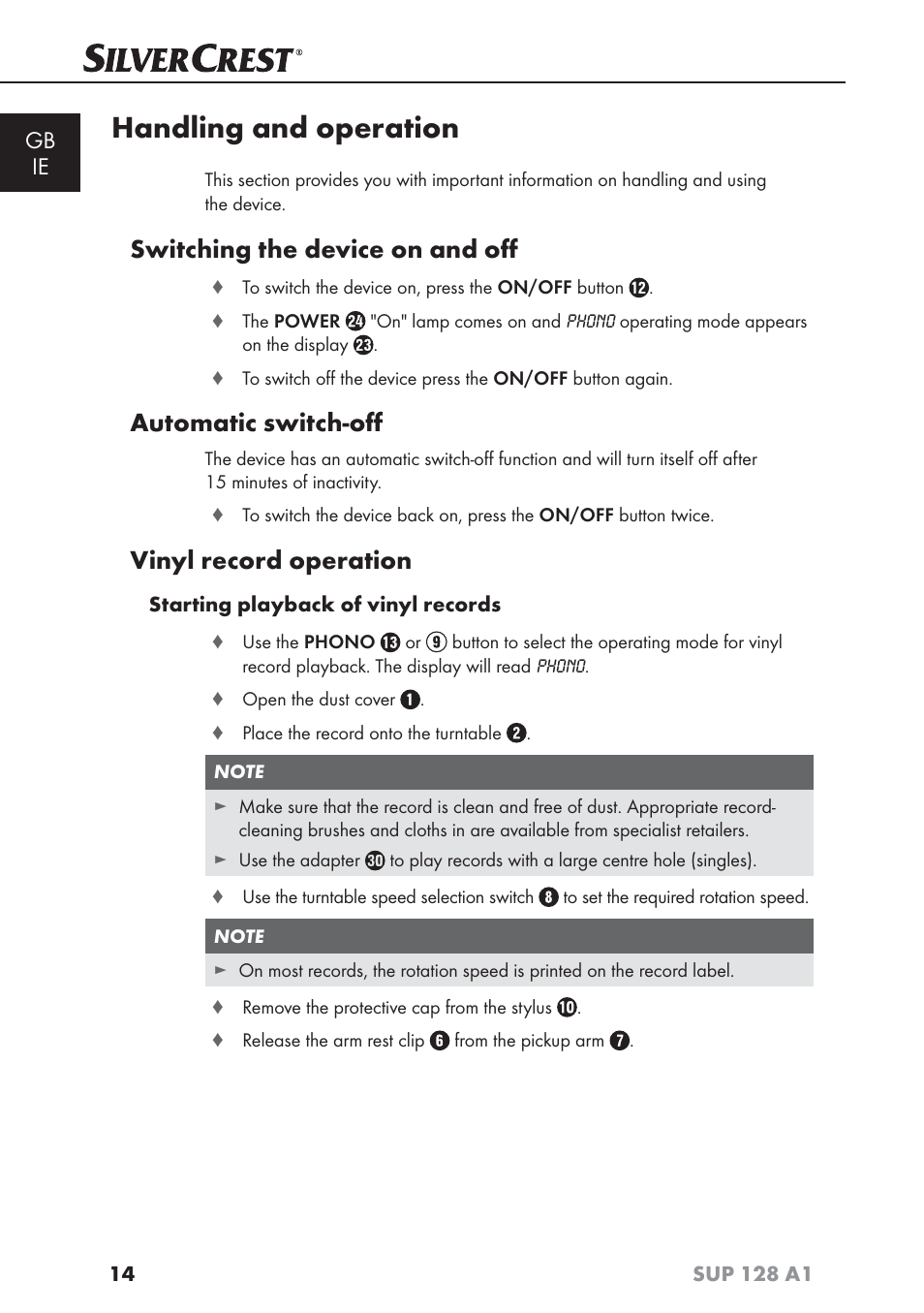 Handling and operation, Switching the device on and oﬀ, Automatic switch-oﬀ | Vinyl record operation, Gb ie | Silvercrest SUP 128 A1 User Manual | Page 17 / 107