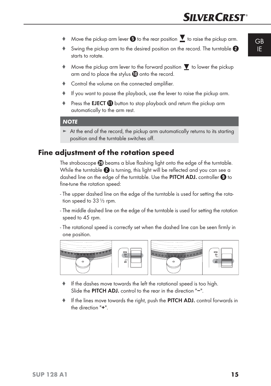 Fine adjustment of the rotation speed, Gb ie | Silvercrest SUP 128 A1 User Manual | Page 18 / 107