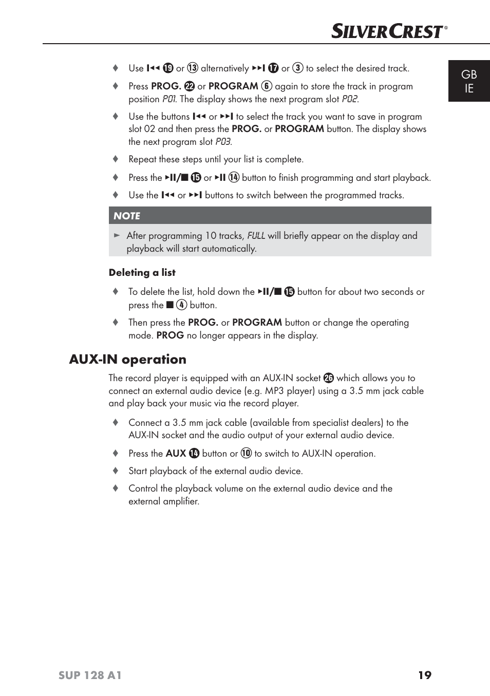 Aux-in operation, Gb ie | Silvercrest SUP 128 A1 User Manual | Page 22 / 107