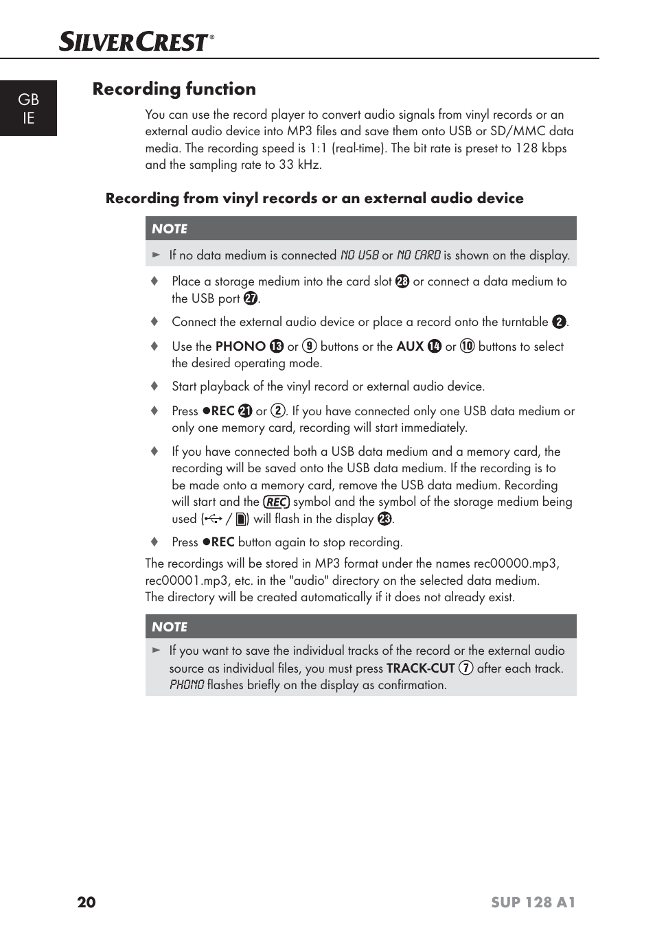 Recording function, Gb ie | Silvercrest SUP 128 A1 User Manual | Page 23 / 107
