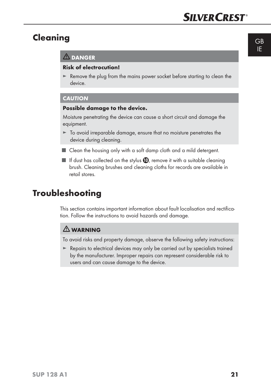 Cleaning, Troubleshooting, Gb ie | Silvercrest SUP 128 A1 User Manual | Page 24 / 107