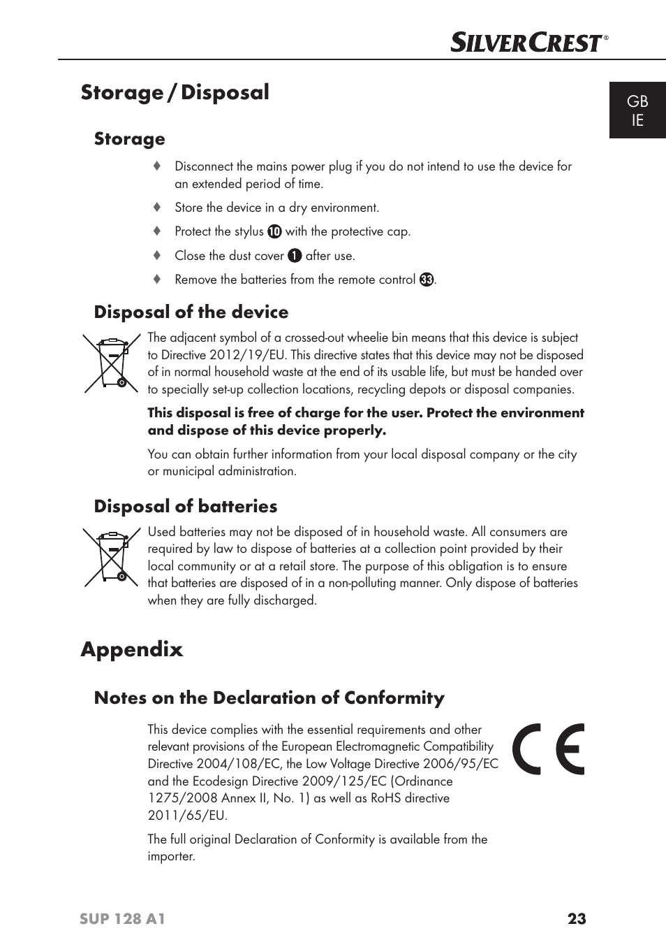 Storage / disposal, Appendix, Storage | Disposal of the device, Disposal of batteries, Gb ie | Silvercrest SUP 128 A1 User Manual | Page 26 / 107