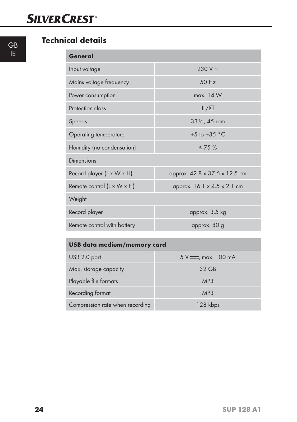 Technical details, Gb ie | Silvercrest SUP 128 A1 User Manual | Page 27 / 107