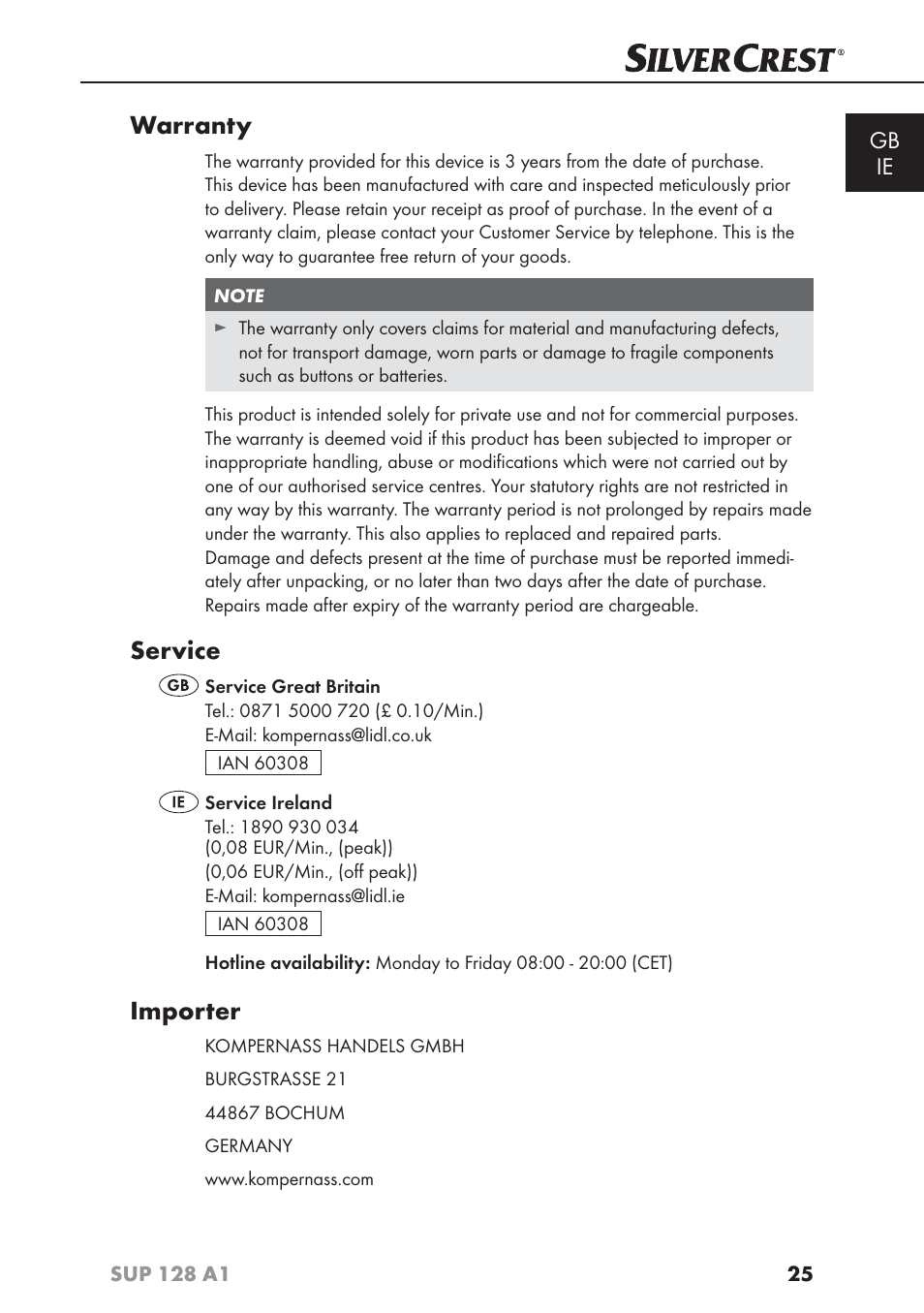 Warranty, Service, Importer | Gb ie | Silvercrest SUP 128 A1 User Manual | Page 28 / 107