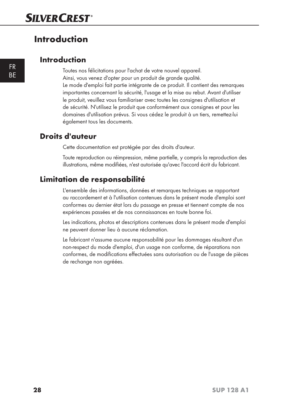 Introduction, Droits d'auteur, Limitation de responsabilité | Silvercrest SUP 128 A1 User Manual | Page 31 / 107