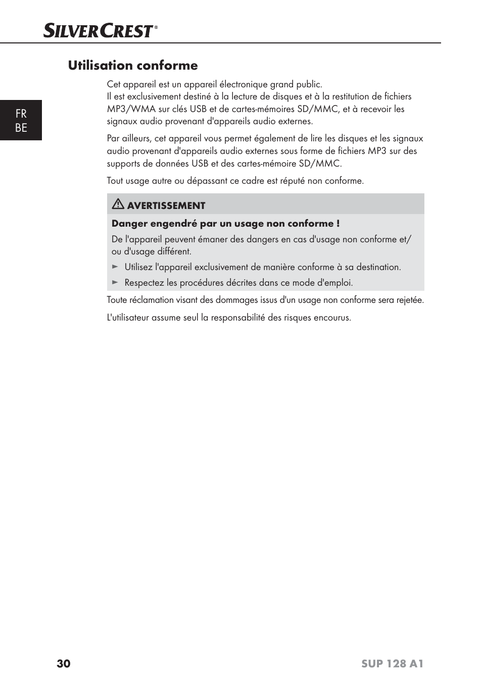 Utilisation conforme, Fr be | Silvercrest SUP 128 A1 User Manual | Page 33 / 107