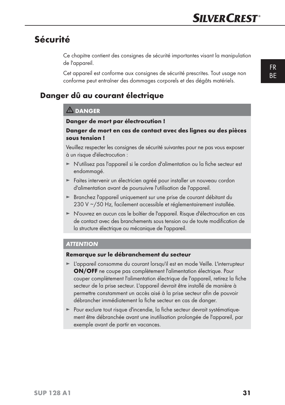 Sécurité, Danger dû au courant électrique, Fr be | Silvercrest SUP 128 A1 User Manual | Page 34 / 107