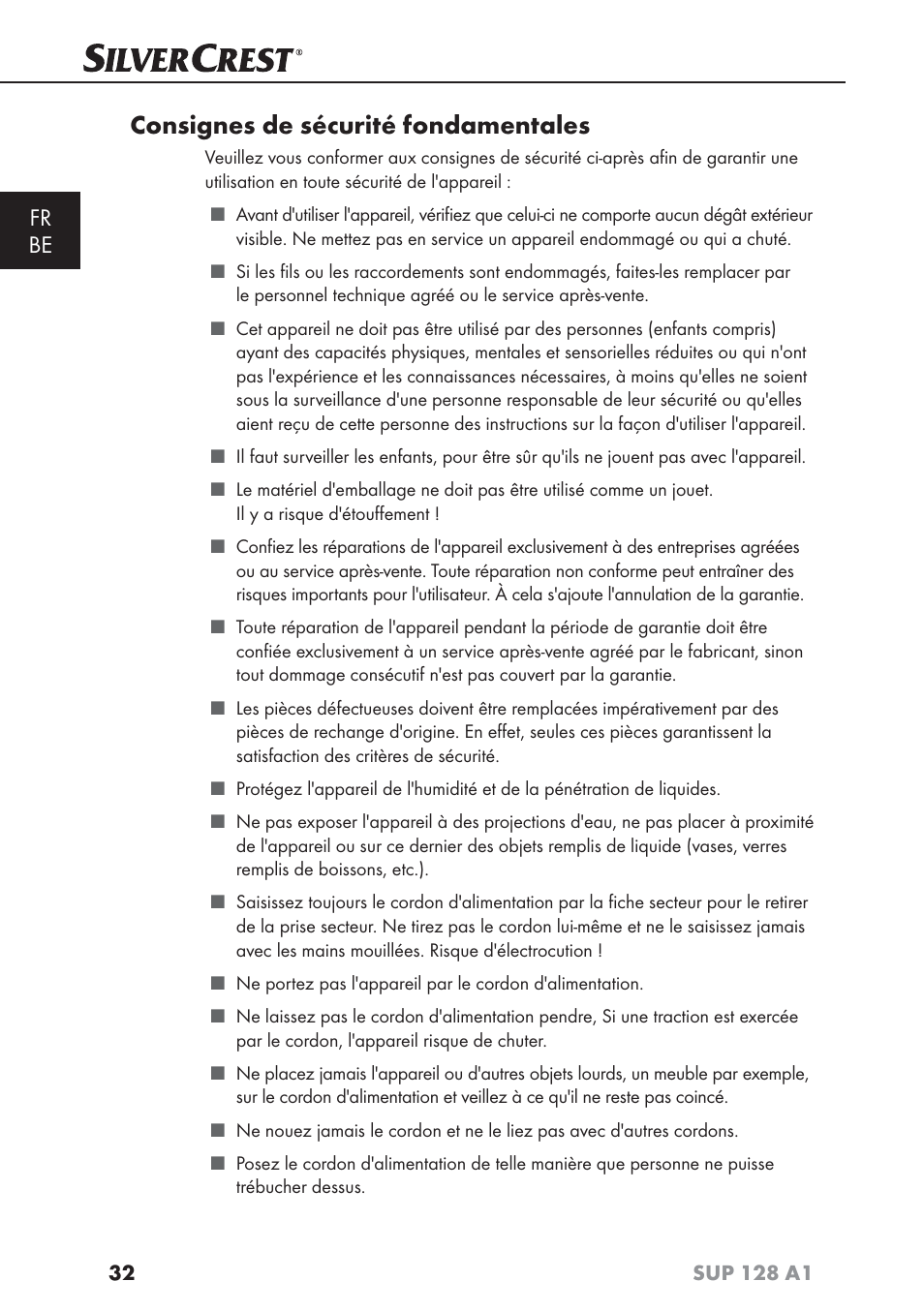 Consignes de sécurité fondamentales, Fr be | Silvercrest SUP 128 A1 User Manual | Page 35 / 107
