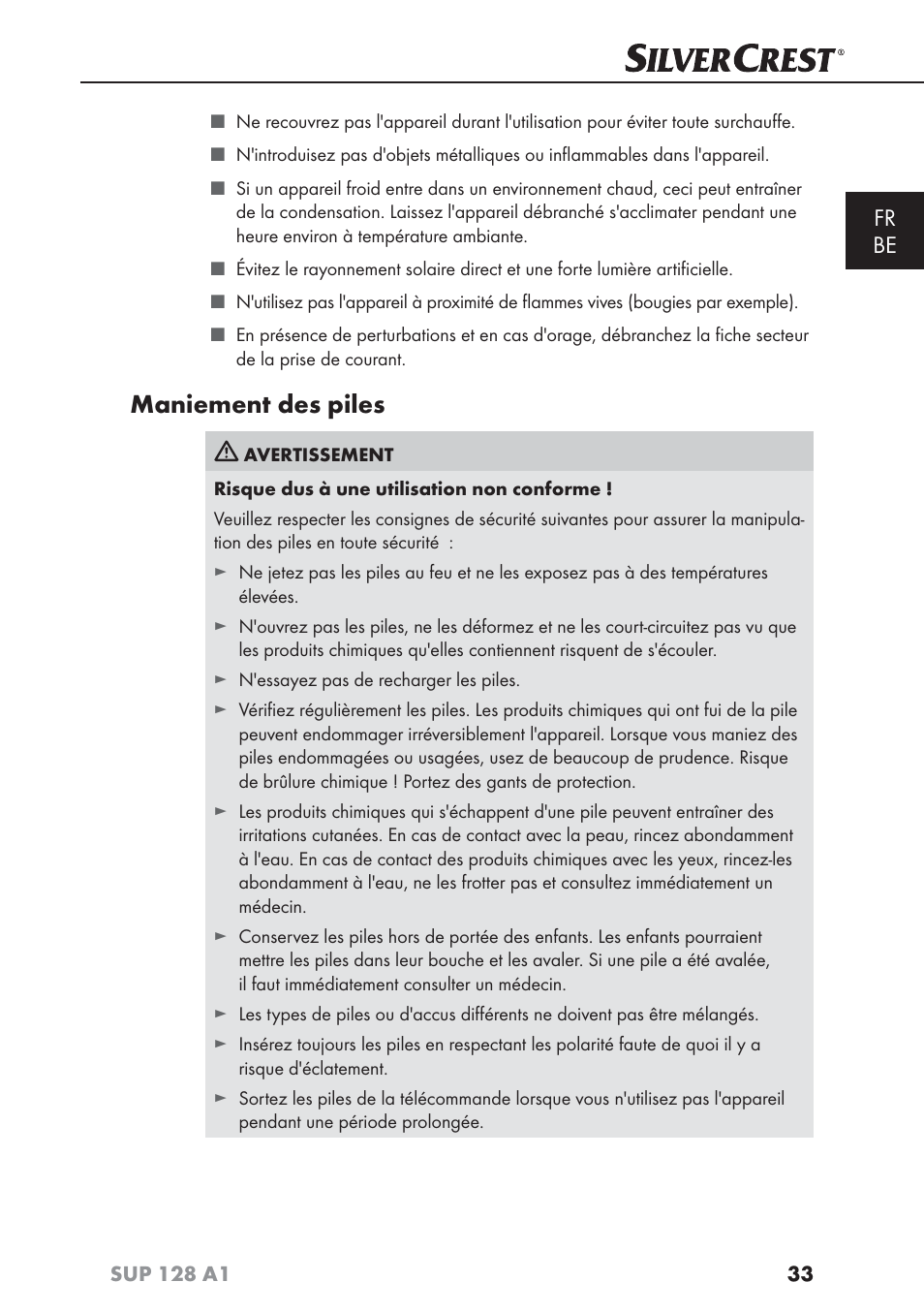 Maniement des piles, Fr be | Silvercrest SUP 128 A1 User Manual | Page 36 / 107