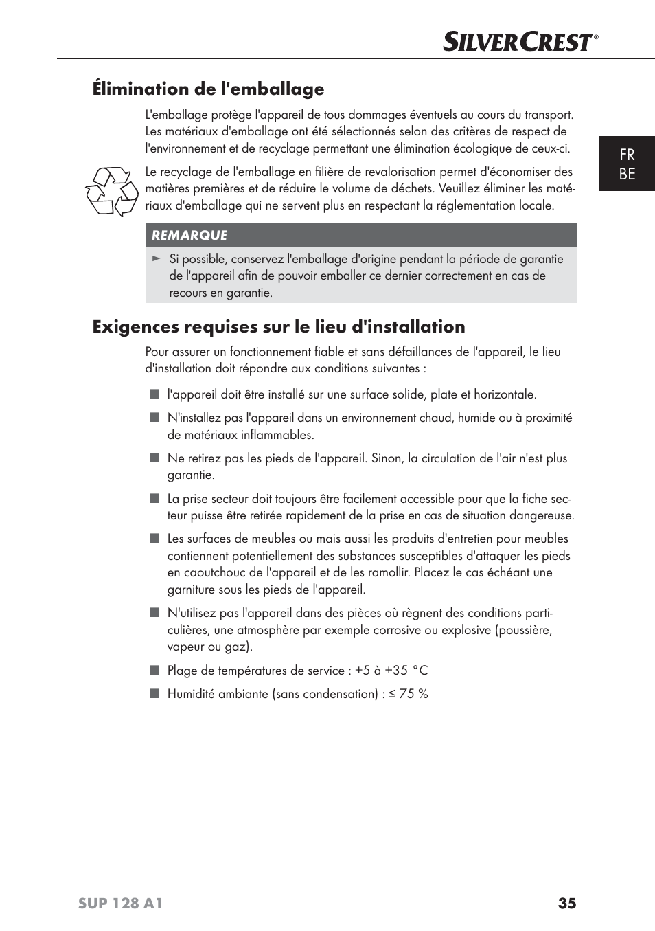 Élimination de l'emballage, Exigences requises sur le lieu d'installation, Fr be | Silvercrest SUP 128 A1 User Manual | Page 38 / 107