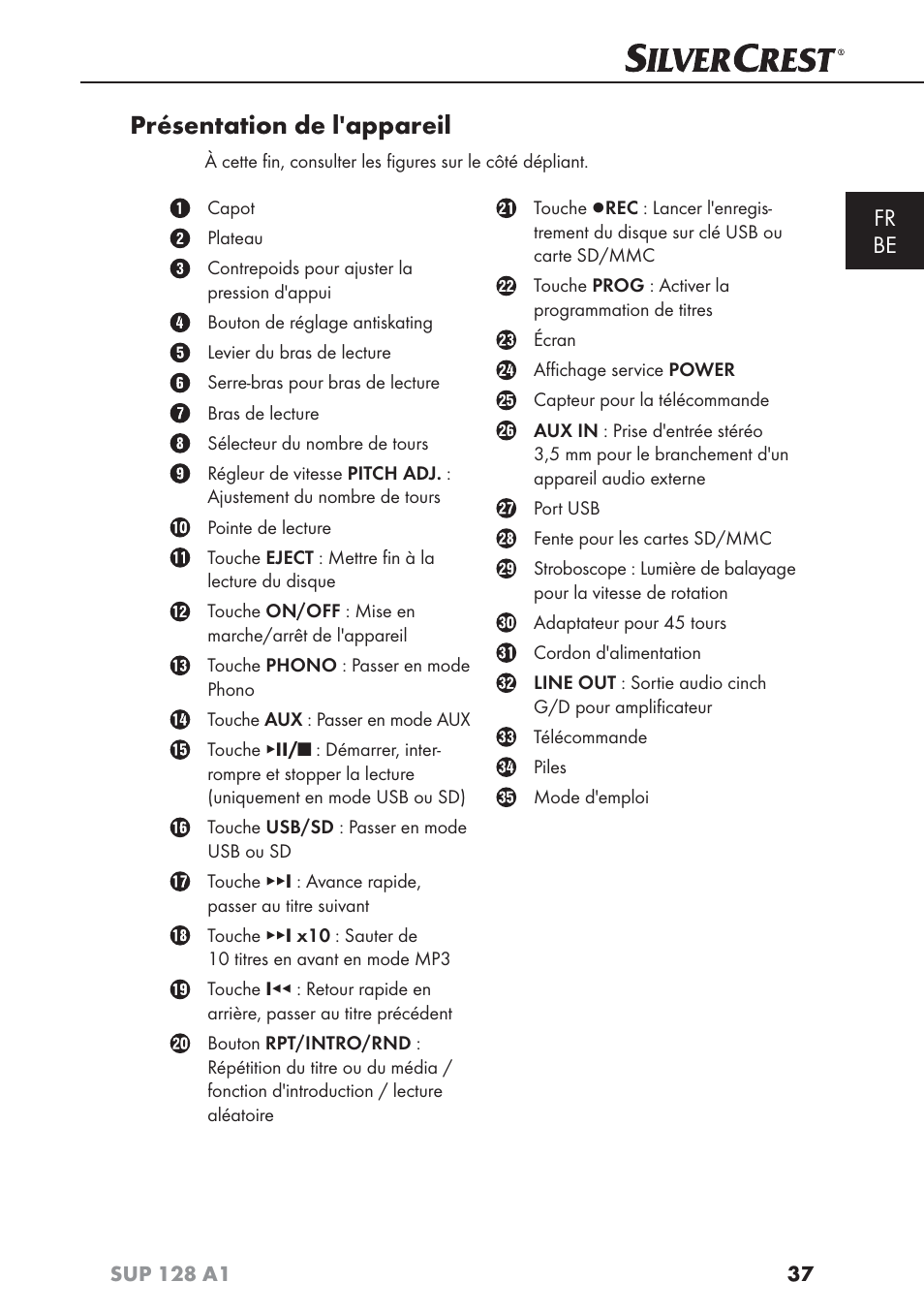 Présentation de l'appareil, Fr be | Silvercrest SUP 128 A1 User Manual | Page 40 / 107