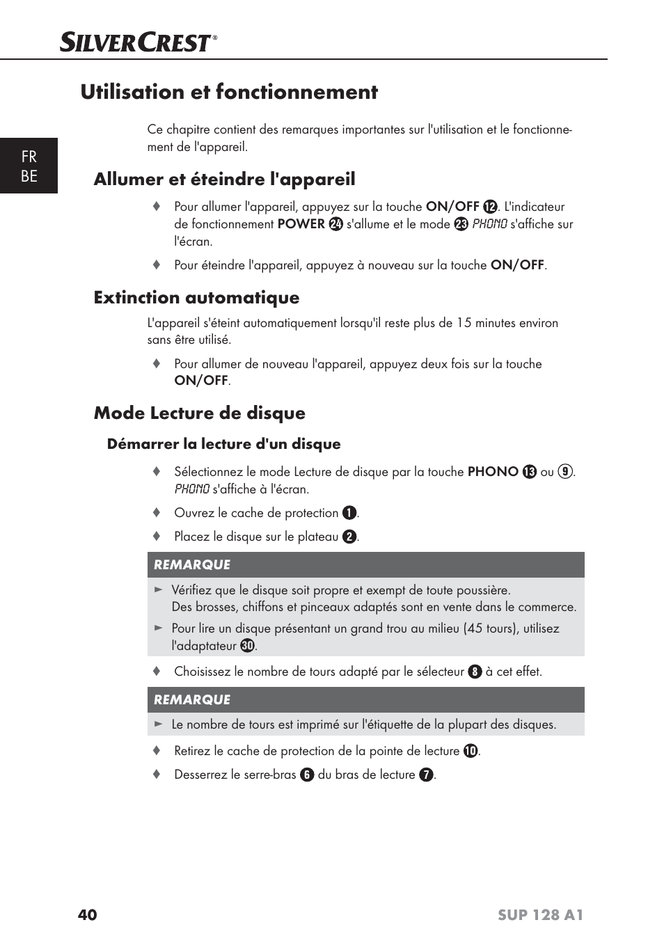 Utilisation et fonctionnement, Allumer et éteindre l'appareil, Extinction automatique | Mode lecture de disque, Fr be | Silvercrest SUP 128 A1 User Manual | Page 43 / 107
