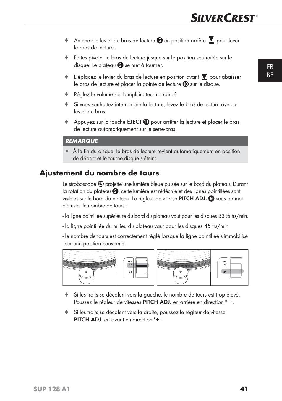 Ajustement du nombre de tours, Fr be | Silvercrest SUP 128 A1 User Manual | Page 44 / 107