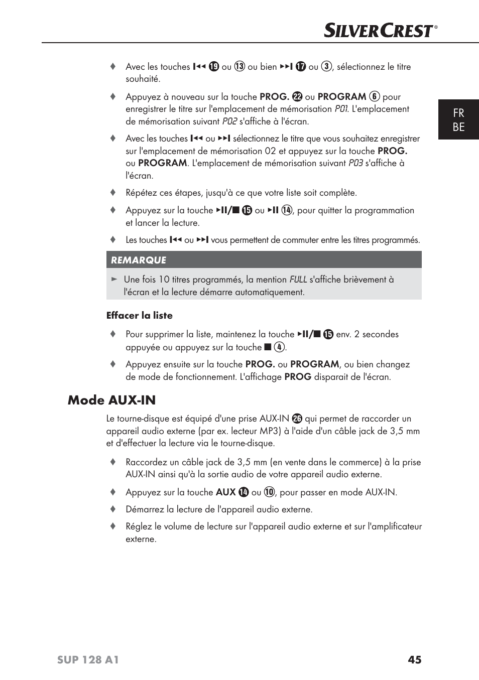 Mode aux-in, Fr be | Silvercrest SUP 128 A1 User Manual | Page 48 / 107