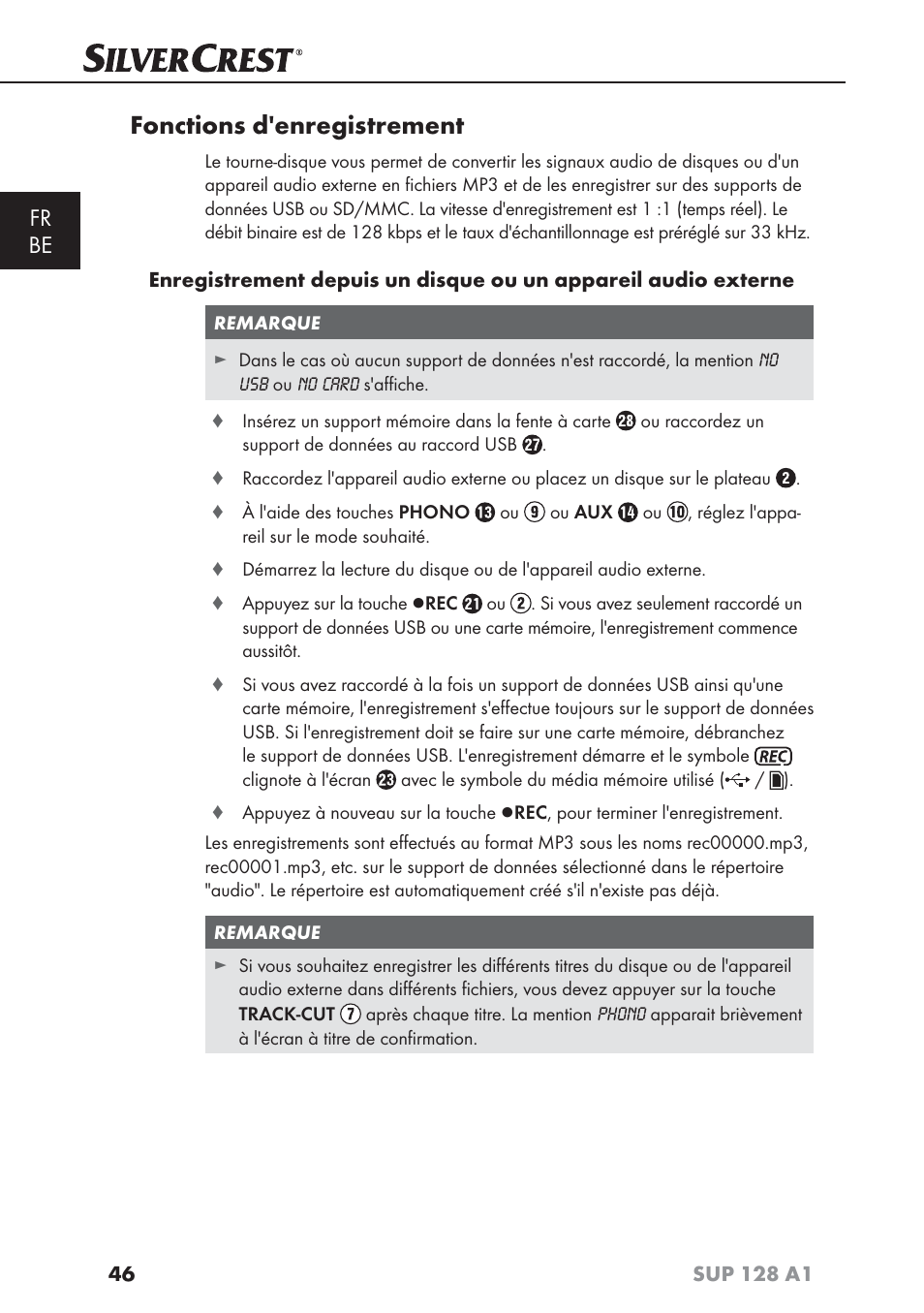 Fonctions d'enregistrement, Fr be | Silvercrest SUP 128 A1 User Manual | Page 49 / 107