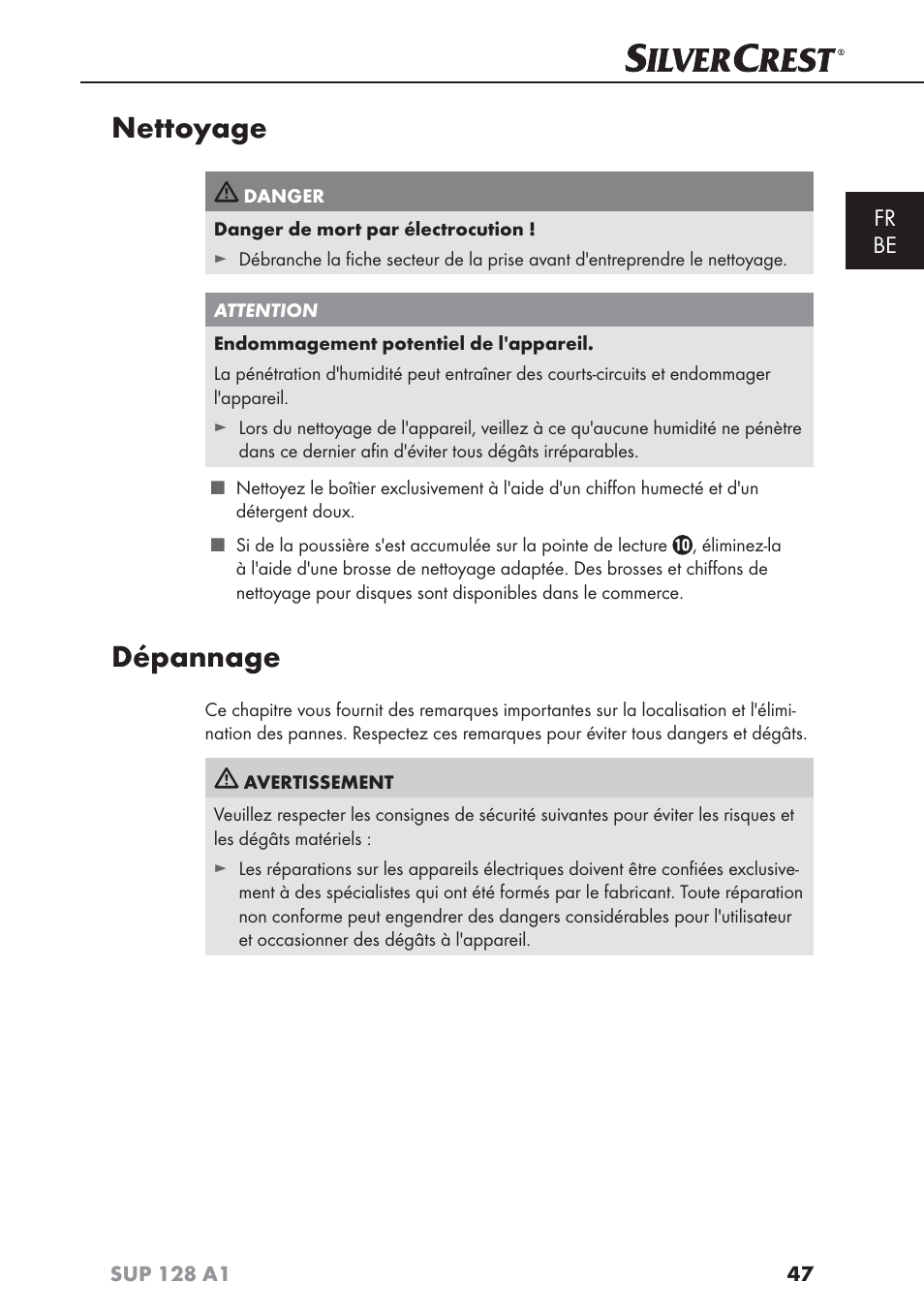 Nettoyage, Dépannage, Fr be | Silvercrest SUP 128 A1 User Manual | Page 50 / 107