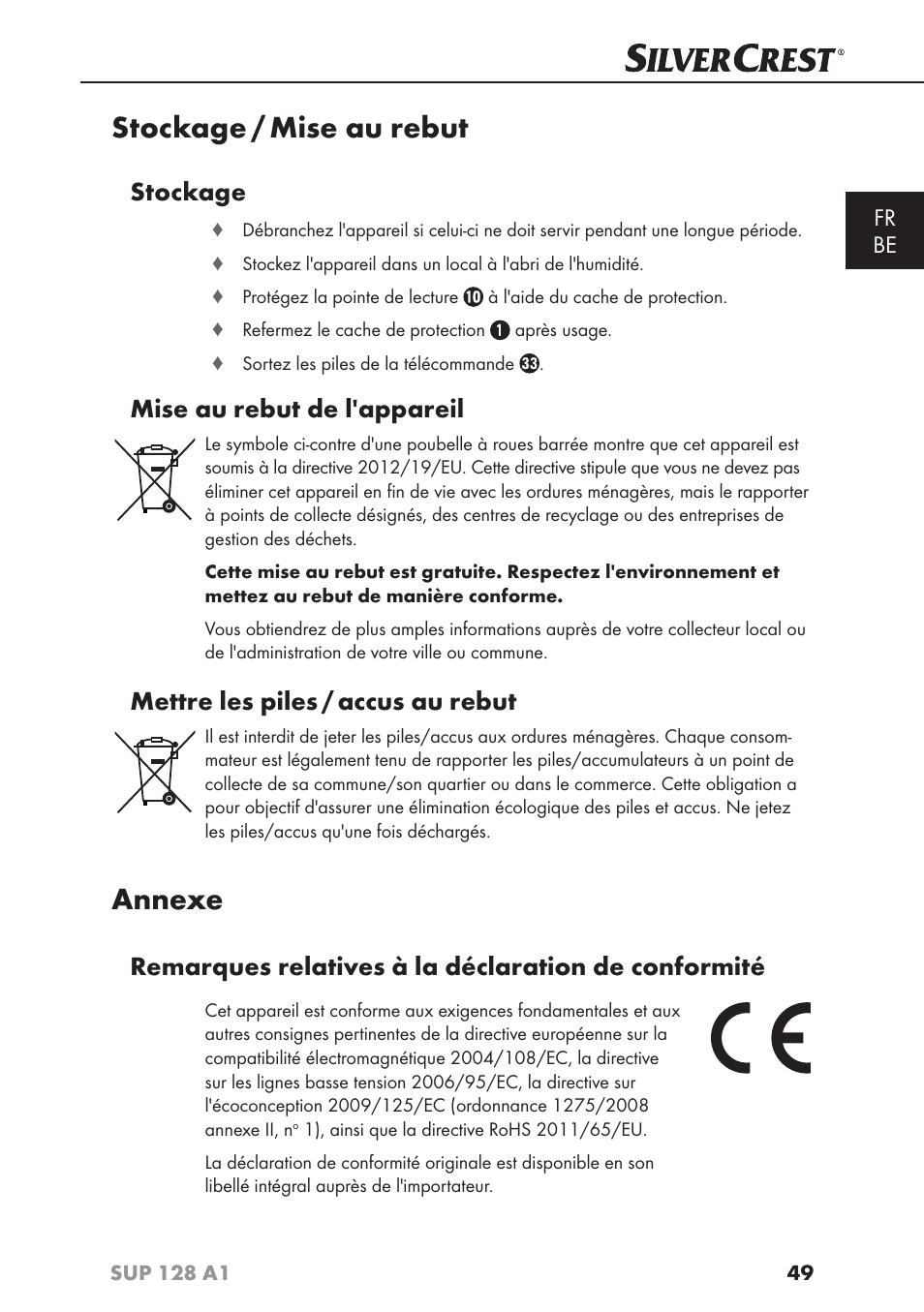 Stockage / mise au rebut, Annexe, Stockage | Mise au rebut de l'appareil, Mettre les piles / accus au rebut, Remarques relatives à la déclaration de conformité, Fr be | Silvercrest SUP 128 A1 User Manual | Page 52 / 107
