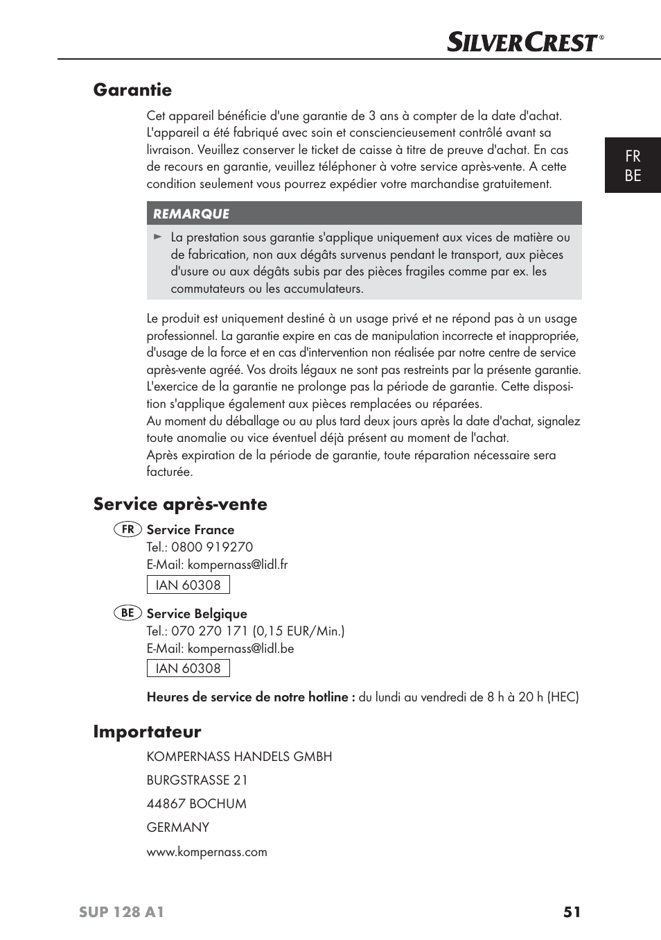 Garantie, Service après-vente, Importateur | Fr be | Silvercrest SUP 128 A1 User Manual | Page 54 / 107