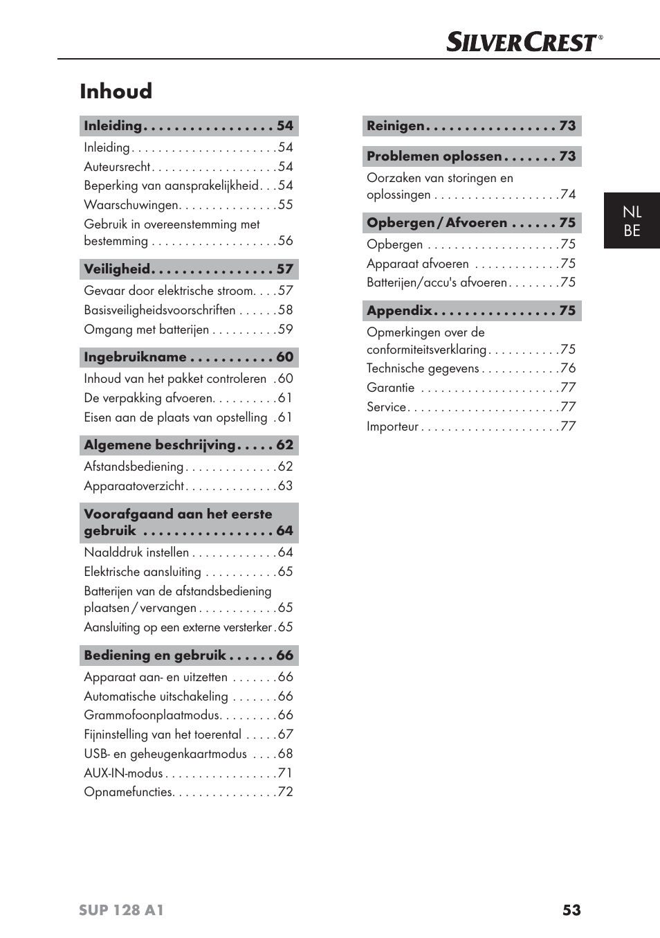 Inhoud, Nl be | Silvercrest SUP 128 A1 User Manual | Page 56 / 107