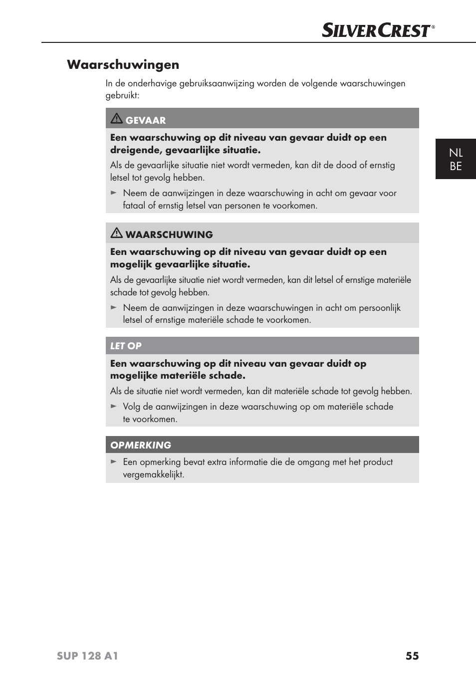 Waarschuwingen, Nl be | Silvercrest SUP 128 A1 User Manual | Page 58 / 107