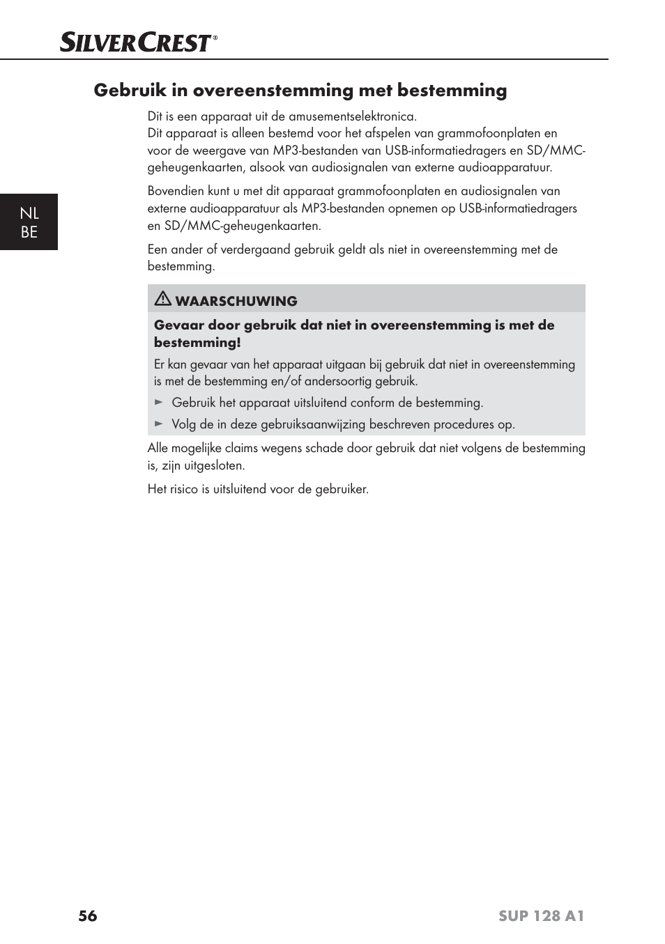 Gebruik in overeenstemming met bestemming, Nl be | Silvercrest SUP 128 A1 User Manual | Page 59 / 107