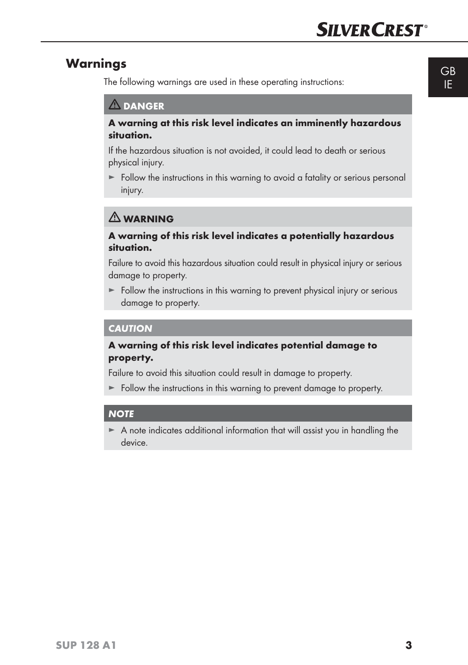 Warnings, Gb ie | Silvercrest SUP 128 A1 User Manual | Page 6 / 107