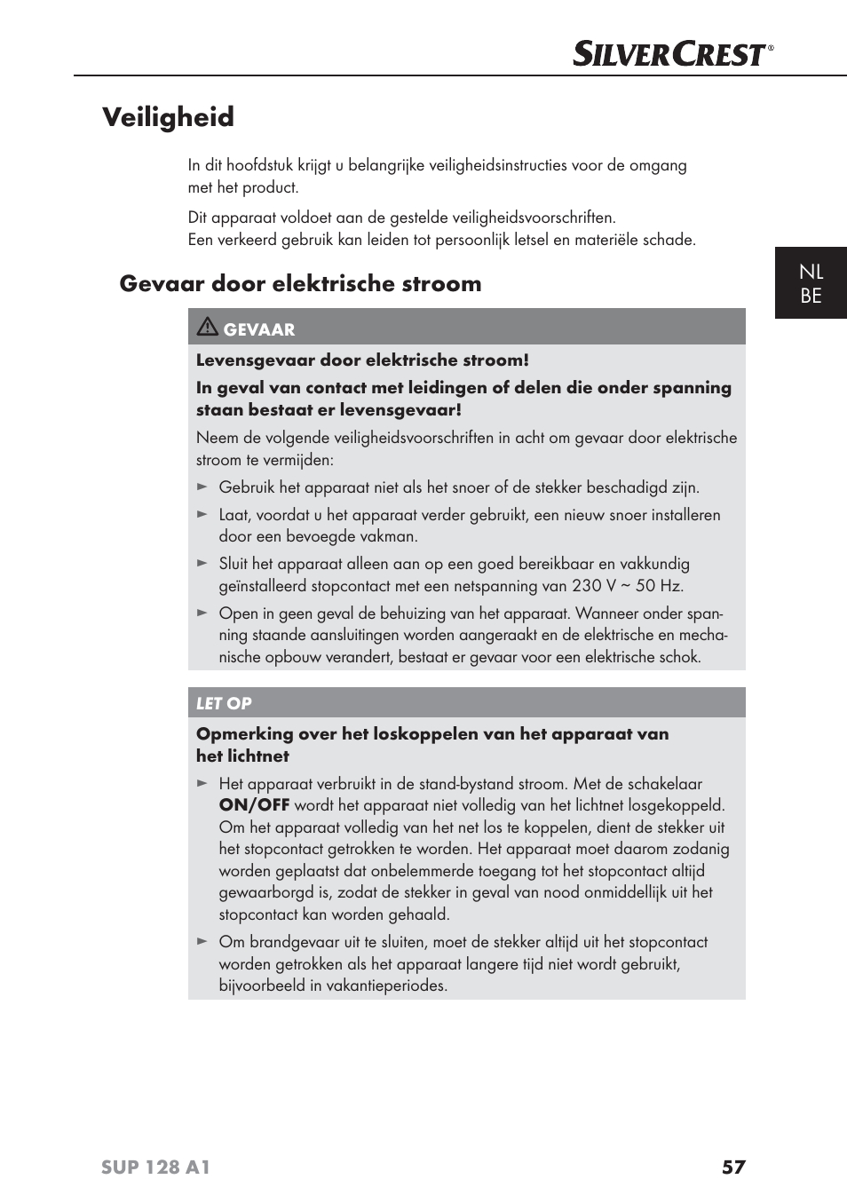 Veiligheid, Gevaar door elektrische stroom, Nl be | Silvercrest SUP 128 A1 User Manual | Page 60 / 107