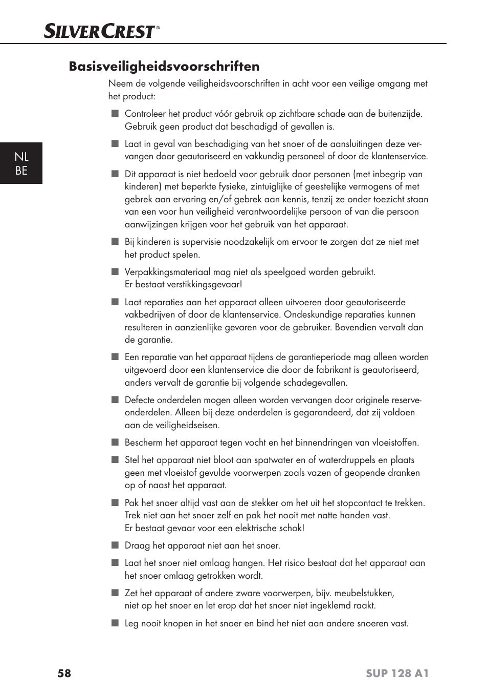 Basisveiligheidsvoorschriften, Nl be | Silvercrest SUP 128 A1 User Manual | Page 61 / 107