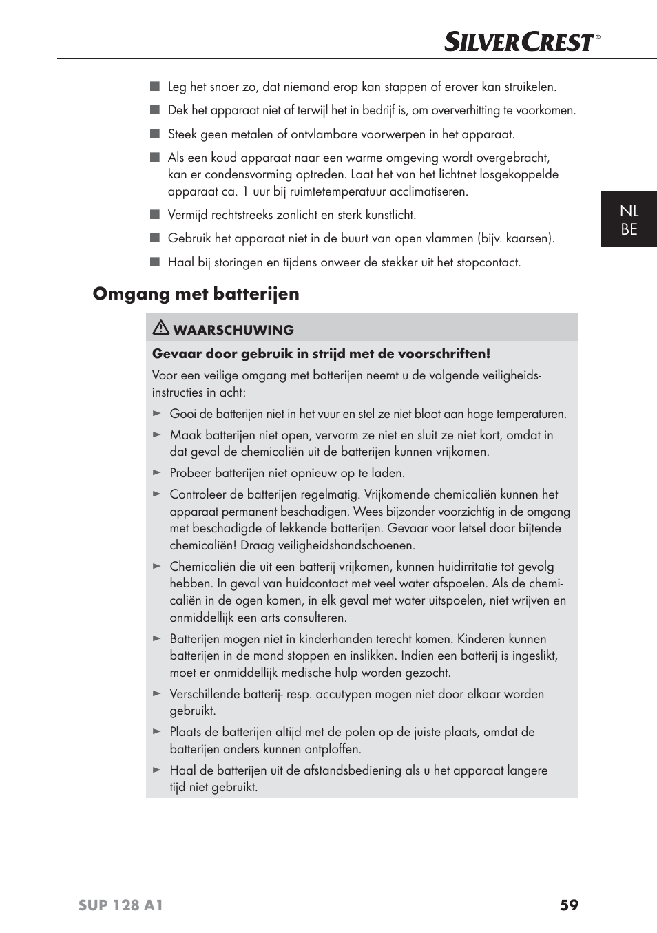 Omgang met batterijen, Nl be | Silvercrest SUP 128 A1 User Manual | Page 62 / 107
