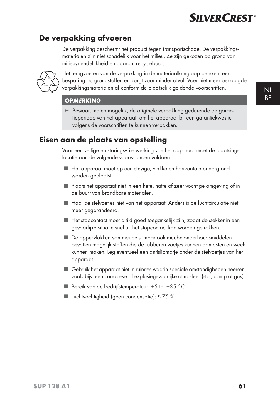 De verpakking afvoeren, Eisen aan de plaats van opstelling, Nl be | Silvercrest SUP 128 A1 User Manual | Page 64 / 107