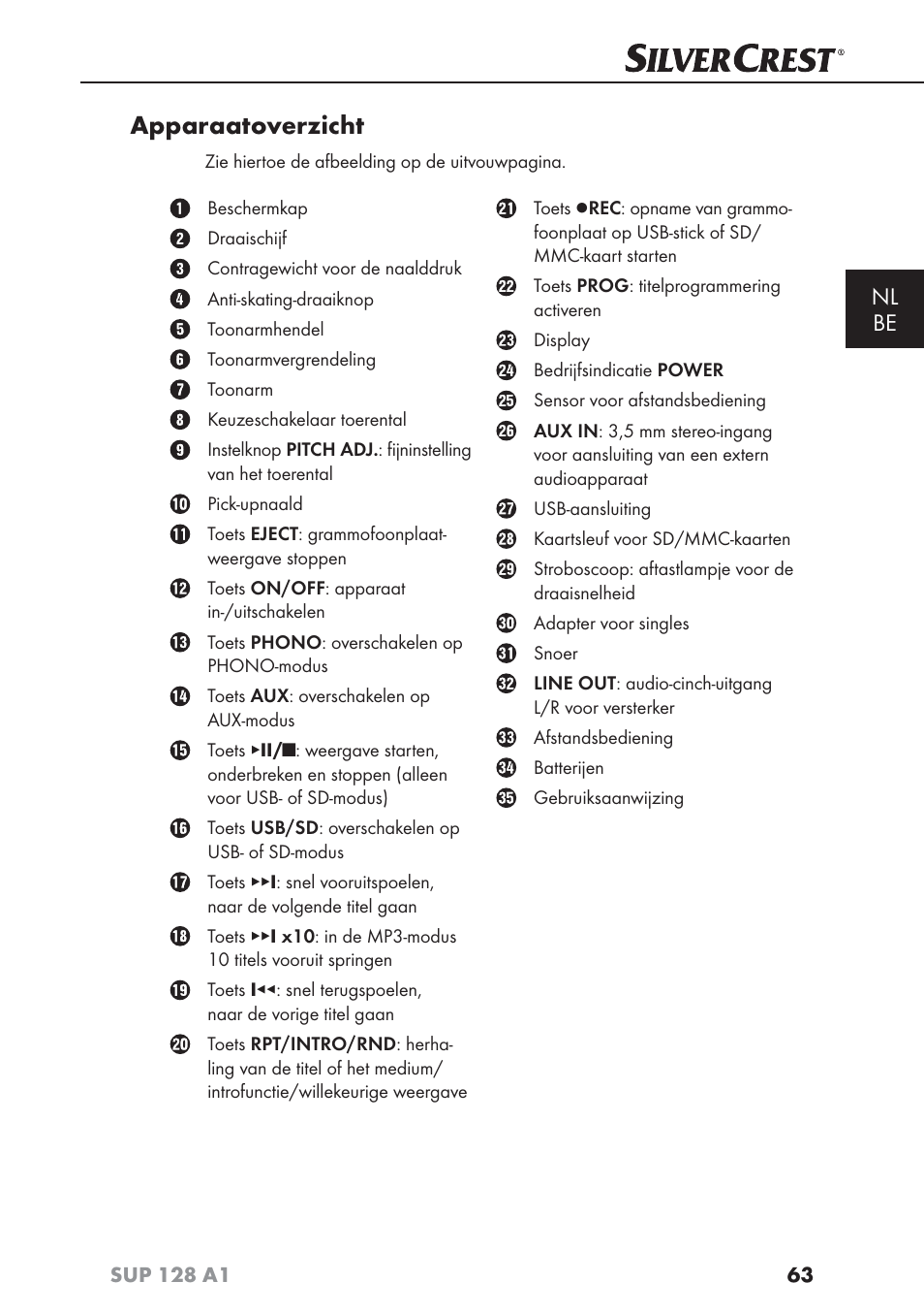 Apparaatoverzicht, Nl be | Silvercrest SUP 128 A1 User Manual | Page 66 / 107
