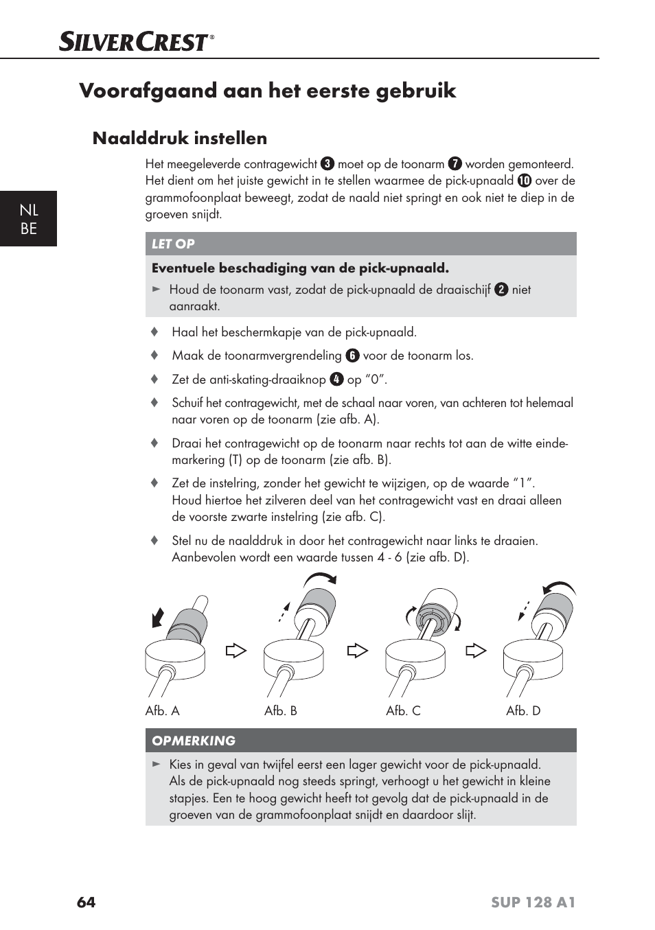 Voorafgaand aan het eerste gebruik, Naalddruk instellen, Nl be | Silvercrest SUP 128 A1 User Manual | Page 67 / 107
