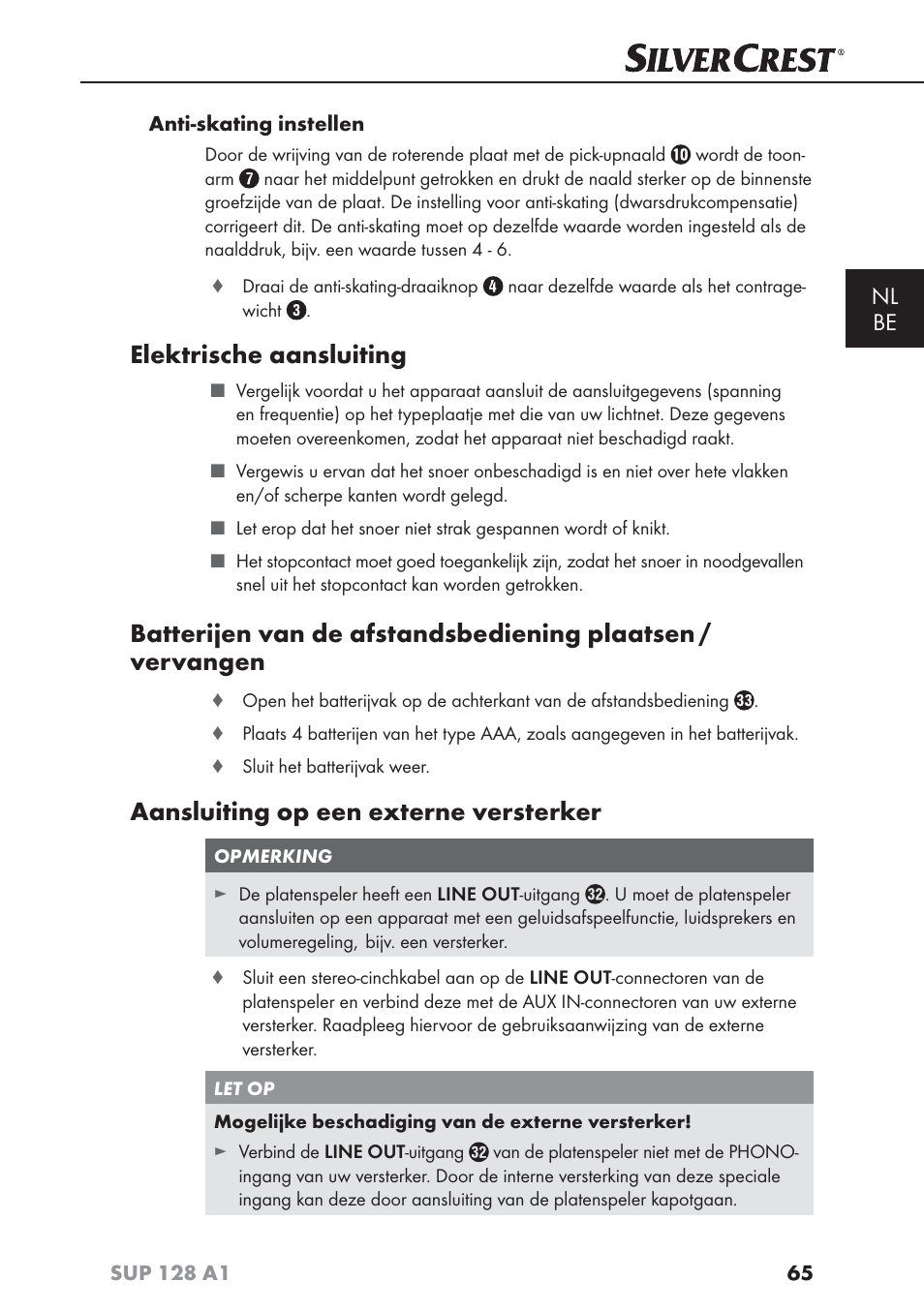 Elektrische aansluiting, Aansluiting op een externe versterker, Nl be | Silvercrest SUP 128 A1 User Manual | Page 68 / 107