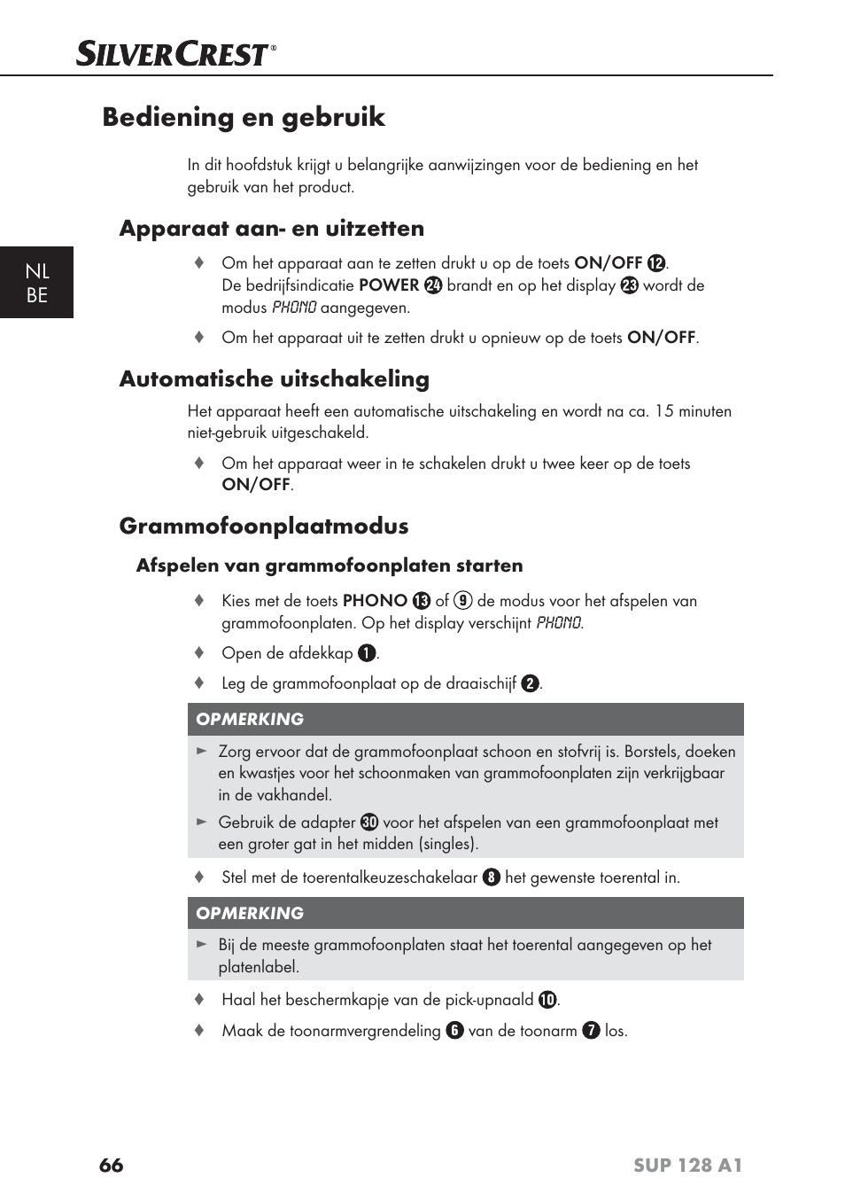 Bediening en gebruik, Apparaat aan- en uitzetten, Automatische uitschakeling | Grammofoonplaatmodus, Nl be | Silvercrest SUP 128 A1 User Manual | Page 69 / 107