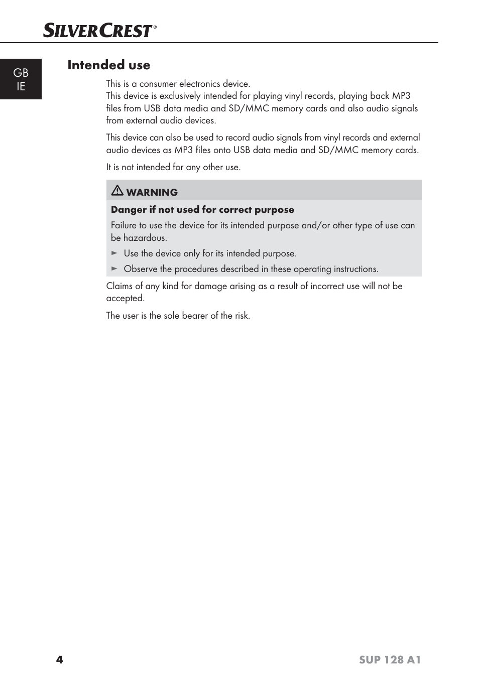 Intended use, Gb ie | Silvercrest SUP 128 A1 User Manual | Page 7 / 107