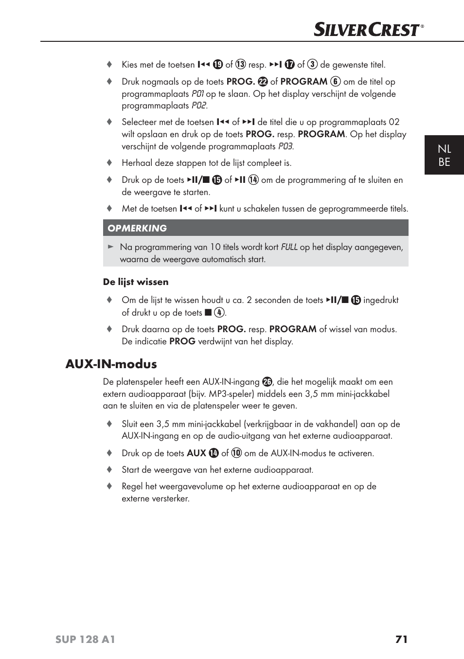 Aux-in-modus, Nl be | Silvercrest SUP 128 A1 User Manual | Page 74 / 107