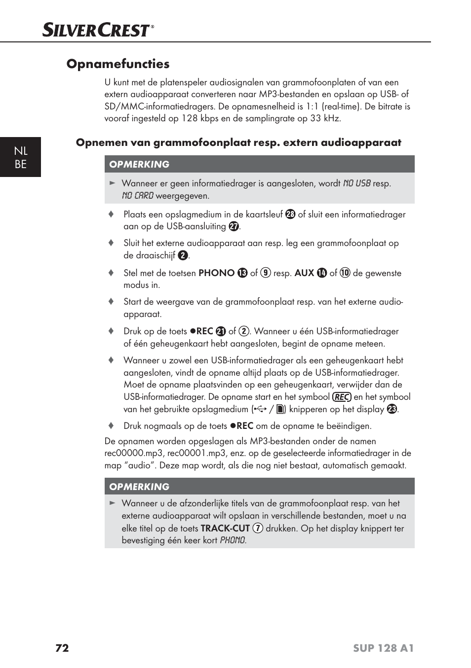 Opnamefuncties, Nl be | Silvercrest SUP 128 A1 User Manual | Page 75 / 107