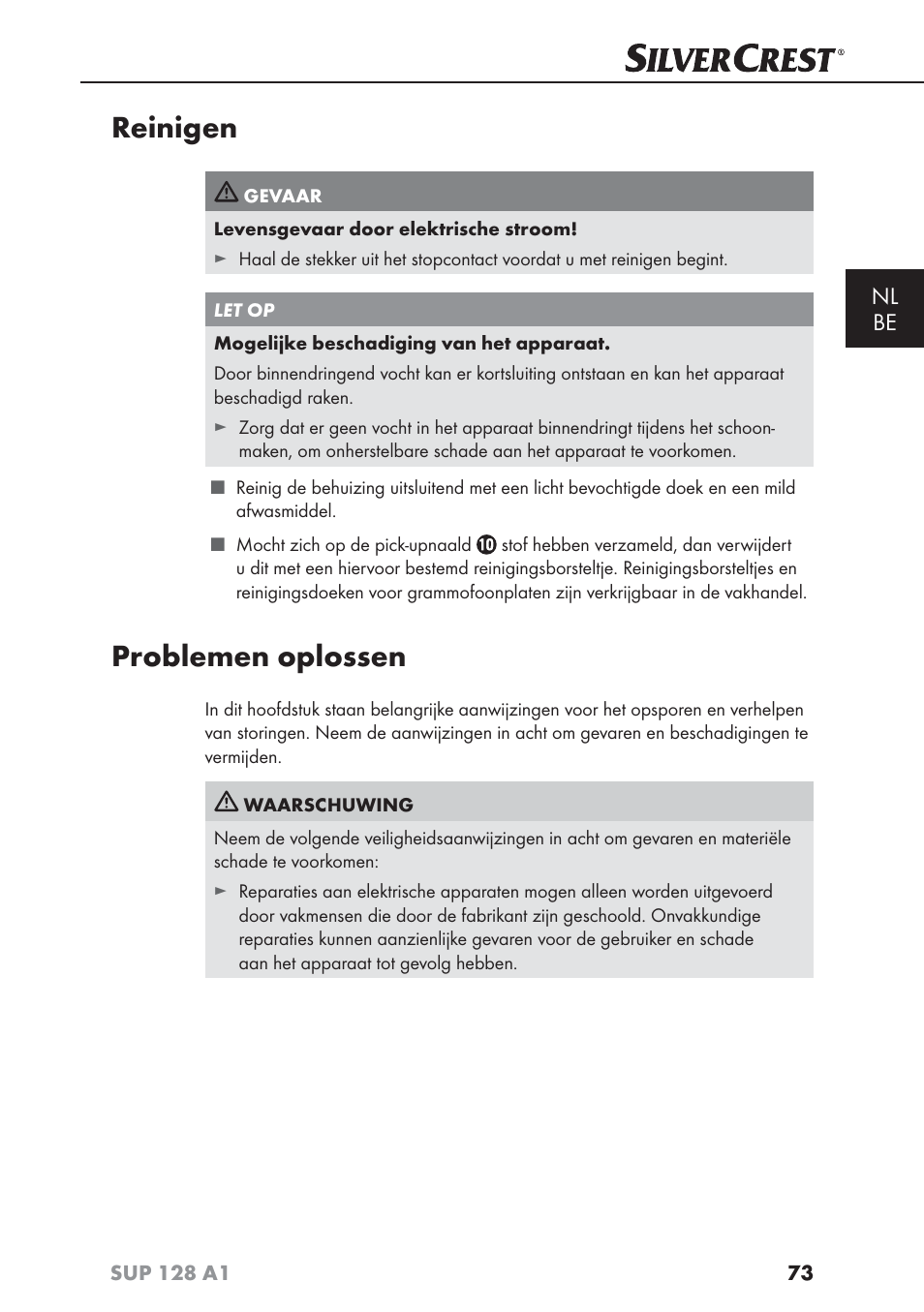 Reinigen, Problemen oplossen, Nl be | Silvercrest SUP 128 A1 User Manual | Page 76 / 107