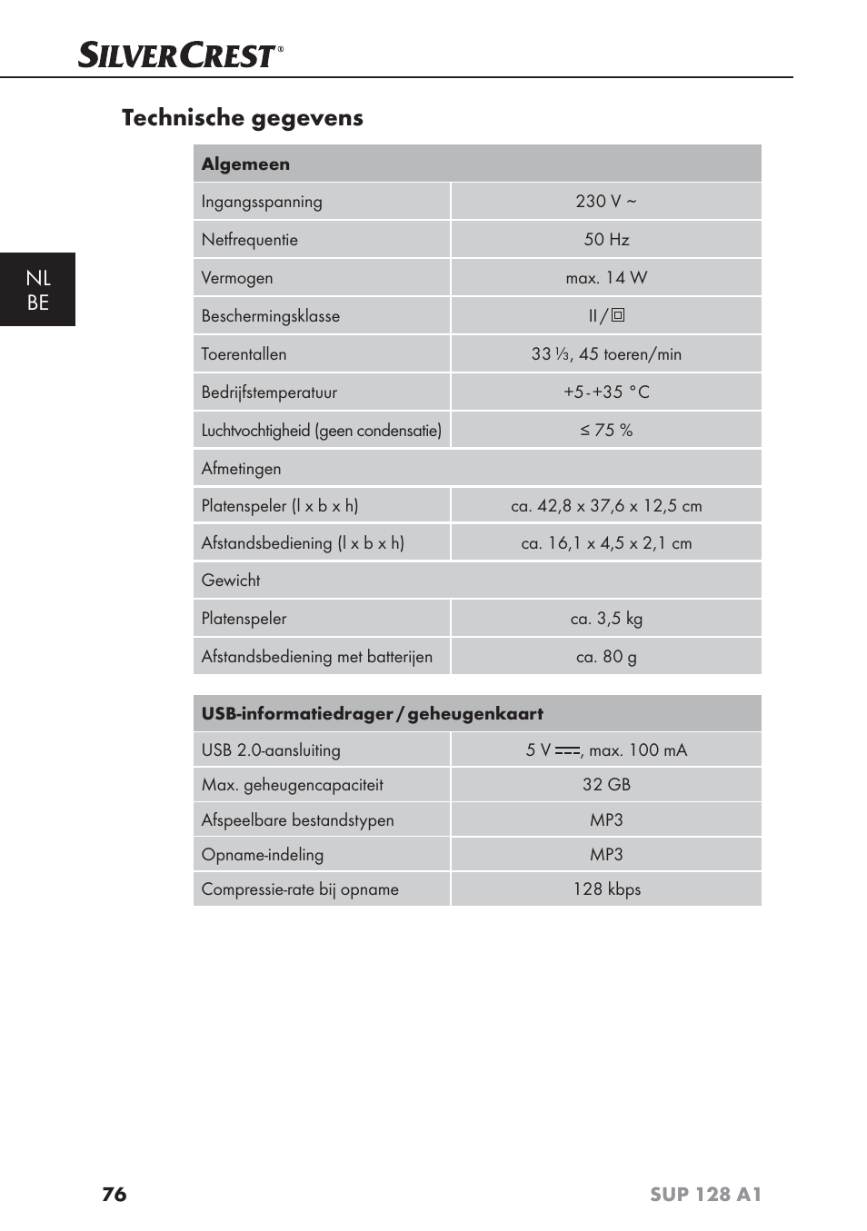 Technische gegevens, Nl be | Silvercrest SUP 128 A1 User Manual | Page 79 / 107