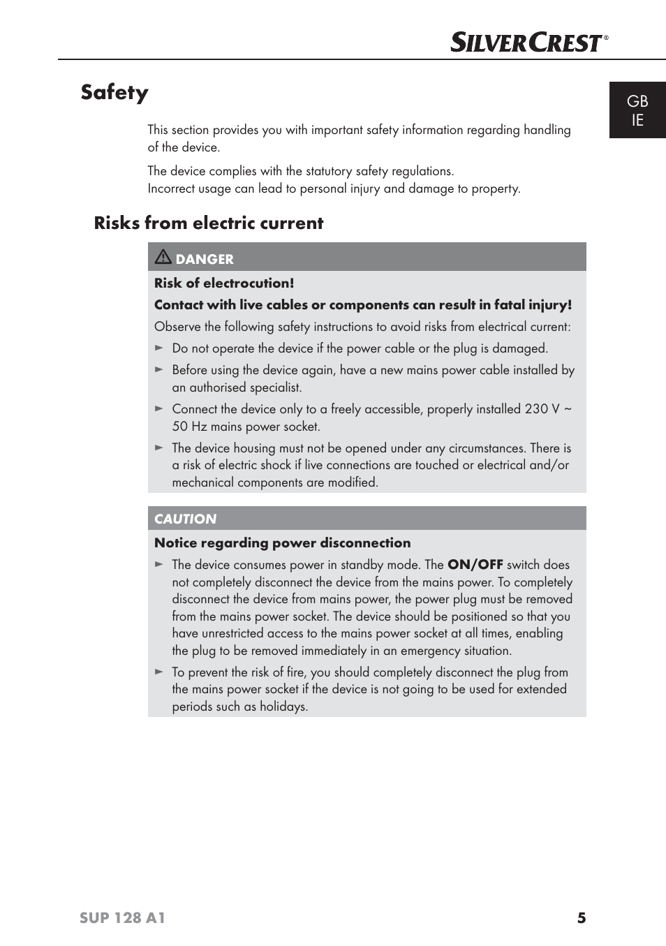 Safety, Risks from electric current, Gb ie | Silvercrest SUP 128 A1 User Manual | Page 8 / 107