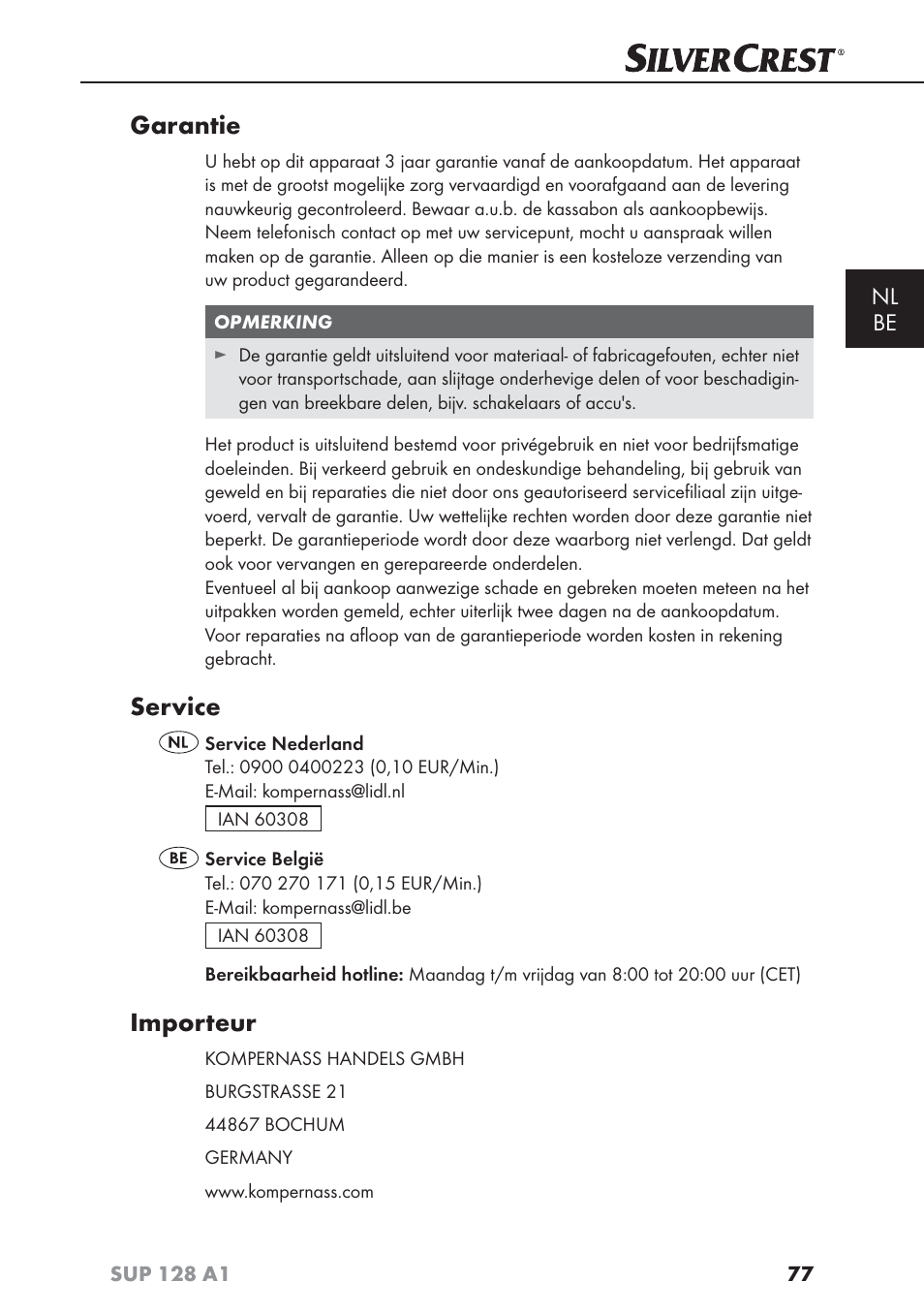 Garantie, Service, Importeur | Nl be | Silvercrest SUP 128 A1 User Manual | Page 80 / 107